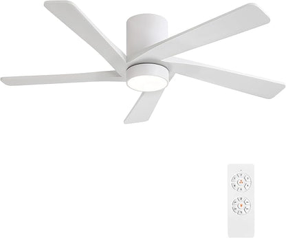 WINGBO 48 Inch Flush Mount DC Ceiling Fan with Lights and Remote, 5 Reversible Carved Wood Blades, 6-Speed Noiseless DC Motor, Hugger Ceiling Fan in White Finish, Low Profile Ceiling Fans, ETL Listed