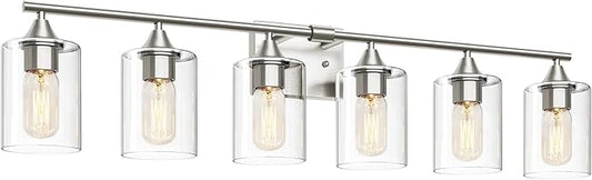 XPEHK 6-Light Bathroom Lighting Fixtures Over Mirror,Brushed Nickel Light Fixture Bathroom,Vanity Light with Clear Glass Shade,Modern Wall Lights for Mirror Bedroom Living Hallway