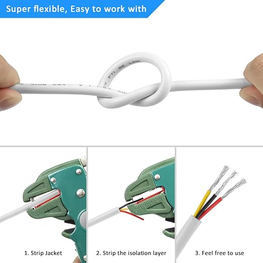 DEKIEVALE 18 Gauge 3 Conductor Electrical Wire, 32.8FT White Stranded Low Voltage 18/3 Cable PVC Case, 18 AWG Tinned Copper 3 Wire Cable, Flexible Extension Power Cord for LED Lamp Lighting Automotive