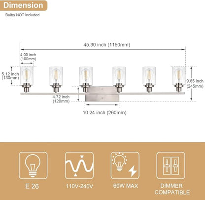 WINSHEN 6-Lights Bathroom Vanity Light Fixtures with Seeded Glass Lampshades, 45.3-Inches Length Modern Brushed Nickel Wall Light Fixture for Kitchen Bathroom Lighting