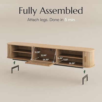 POVISON Fully-Assembled Mid Century Modern TV Stand for 85 inch TV, Sliding Door Entertainment Center with Storage, Wood TV Console, Media Console for Living Room Bedroom(Oak, 94.49")
