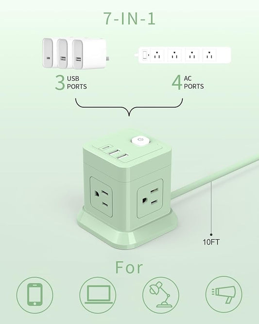 Cube Power Strip, FDTEK 4 Widely Spaced Outlet with 3 USB (1 USB C) Flat Plug Power Strips with Long Extension Cords Space Save Compact Portable for Travel Home Office Cruise - 10FT Green