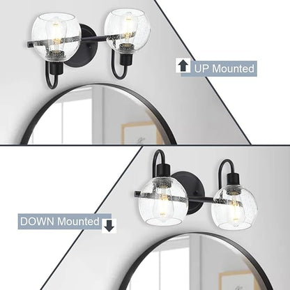 WINSHEN Black 2-Lights Wall Sconce Lighting with Seeded Glass Lampshades Industrial Bathroom Vanity Light Fixtures for Hallway Kitchen Bedroom