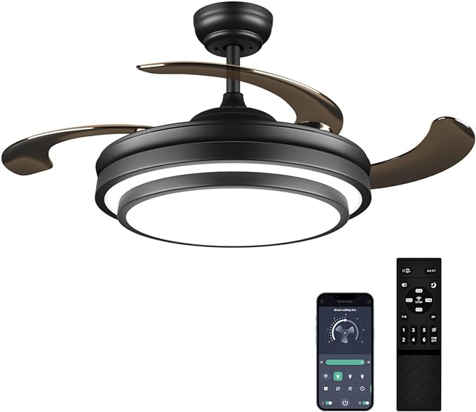 LIGHTIMES 36 Inche Modern Black Ceiling Fan with Dimmable LED Light, Retractable Celing Fan with APP/Remote Control, 6 Speed,for Bedroom Live Room