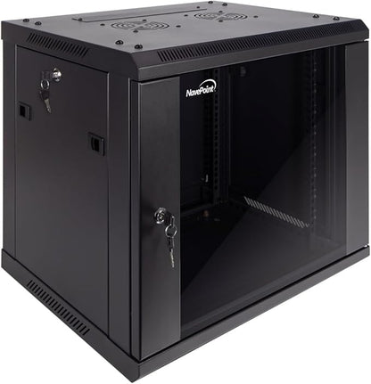 NavePoint 9U Server Cabinet Wall Mount Rack Enclosure Includes 2 Fans, Locking Glass Door, Removable Side Panels – 9U Network Cabinet 17.7” Deep, 19 Inch Server Rack for IT and A/V Equipment