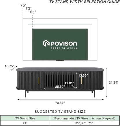 POVISON Sliding Tambour Door TV Stand with LED Lights, Mid Century Modern TV Console, Wood Media Console, Entertainment Center with Storage Cabinet, Fully-Assembled (Black, 70.87")