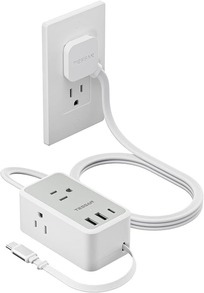 TESSAN Small Flat Plug Power Strip with 1 PD20W Retractable USB C Cable, 5 ft Ultra Thin Extension Cord with 3 AC Outlets 3 USB Ports, 5 ft Slim Plug for Cruise Ship Travel, Dorm, Home Office