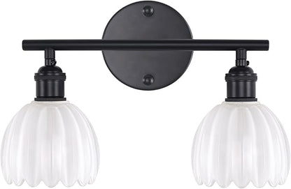 Shenmoyl Bathroom Light Fixtures, 2-Light Black Vanity Wall Light Over Mirror with White Tulip Glass Shade for Bedroom Living Room (Bulb Not Included)