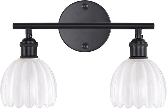 Shenmoyl Bathroom Light Fixtures, 2-Light Black Vanity Wall Light Over Mirror with White Tulip Glass Shade for Bedroom Living Room (Bulb Not Included)