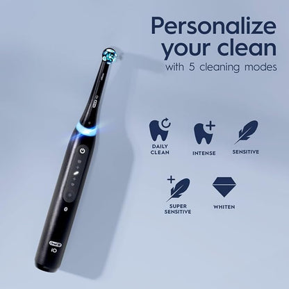 Oral-B iO Deep Clean + Whiten Rechargeable Electric Toothbrush with Visible Pressure Sensor, 2 Minute Timer, 5 Cleaning Settings, 1 iO5 Limited, 3 Toothbrush Heads, Travel Case & Refill Holder, White