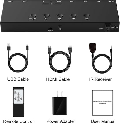 RuiPuo 4In to 2Out HDMI/AV Switch (1 AV Input+3 HDMI 2.0 Inputs) RCA to 2Port HDMI Converter for PS1/2/3/4/5, N64, SNES, Switch, DVD, Roku etc.