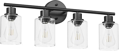 Guliaofo 4-Light Black Bathroom Light Fixtures, E26 Modern Vanity Lights for Bathroom with Clear Glass Shade, Wall Lamps for Mirror Hallway Kitchen Cabinet Living Room Sconces Lights