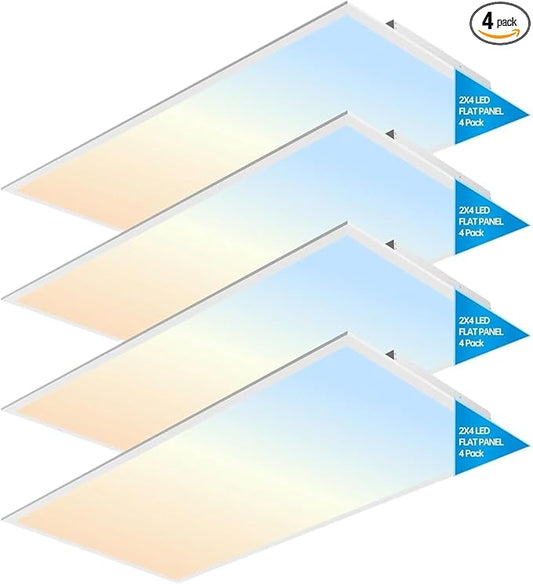 2x4 FT LED Light Flat Panel, 40-72W, 5 CCT 3K | 3.5k | 4K | 5K | 6.5K, Dimmable Recessed Drop Ceiling Lights, 3750/5000/6250/7500/9000 Lumen, Lay in Fixture for Commercial 120-277V, UL DLC (4 Pack)
