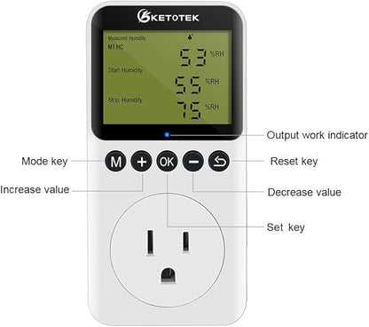 KETOTEK Digital Humidity Controller Outlet Plug with Sensor Probe, 120V Humidistat Controller Plug for Reptile Mushroom Greenhouse, Humidity Switch Outlet