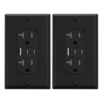 ELEGRP USB Outlets, 20 Amp Wall Outlet with 3 USB Ports, Dual USB C Ports Outlets, TR Tamper-Resistant USB Outlets Receptacles, Wall Plate Included, UL/CUL Listed, 2 Pack, Black