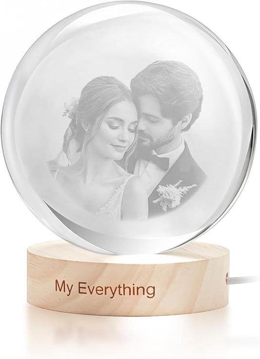 Yijhpbc Custom 3D Crystal Photo Night Light Personalized Photo Crystal Ball Engraved Picture Lamp with Wood Base Memorial Gift for Pets Family Couple Birthday Valentine's Day (Style 2)