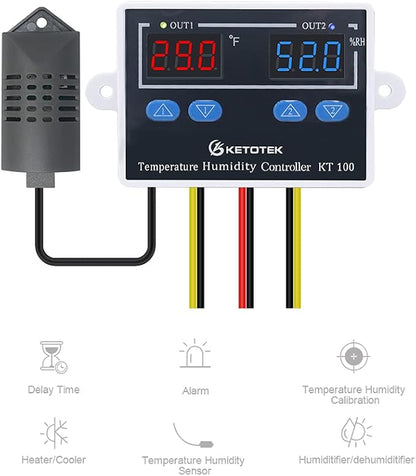 KETOTEK Temperature Humidity Controller Digital Thermostat Module 120V, Heating Cooling Humidification and dehumidification Control 110V 10A, Fahrenheit Display