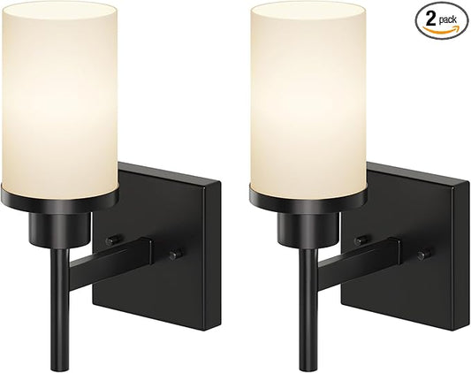 AONEON Wall Light Fixtures Matte Black Bathroom Vanity Lights Over Mirror with White Frosted Glass Shade, Wall Lamps for Porch Entrance, 2 Pack T001MB-L1-P2