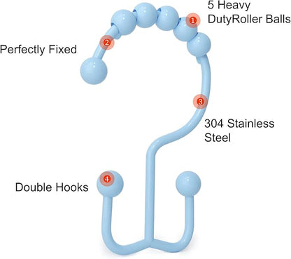Shower Curtain Hooks, Goowin Shower Curtain Rings, Stainless Steel Shower Curtain Hooks Rust Proof Free Sliding Double Shower Hooks for Curtain, Shower Curtains & Liners (Blue)