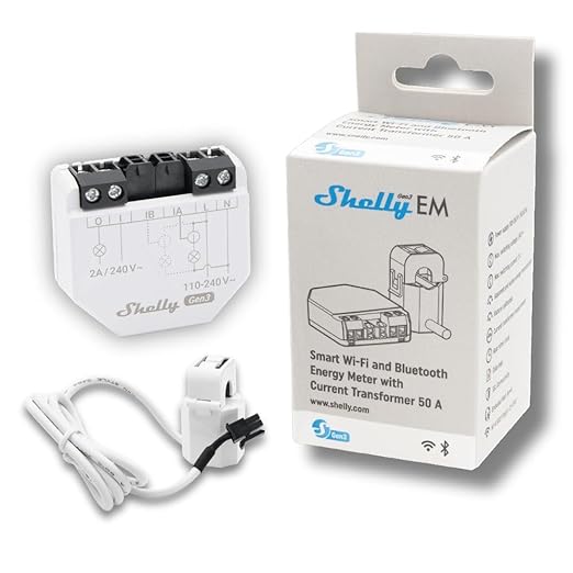 Shelly EM Gen3 + 50A Clamp, Wi-Fi-Operated Smart Energy Meter and Contactor Control Relay Switch, Works with Alexa, Home Assistant, Google Home, Electricity Usage Monitor, Real-Time Energy Tracking