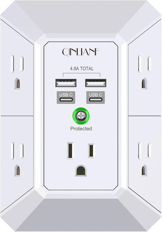 USB Wall Charger, Surge Protector, QINLIANF 5 Outlet Extender with 4 USB Charging Ports (4.8A Total) 3-Sided 1680J Power Strip Multi Plug Outlets Wall Adapter Spaced for Home Travel Office(2U2C),White