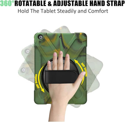 ZenRich Shockproof Case for iPad 9th/8th/7th Generation 10.2 inch 2021/2020/2019, Heavy Duty Rugged Case with Pencil Holder/360° Rotating Kickstand/Handle/Carrying Strap, Camouflage