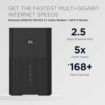Motorola MG8725 WiFi 6 Router + Multi-Gig Cable Modem | 2-in-1 Device | Approved for Comcast Xfinity, Cox, Spectrum| Up to 6000 Mbps | DOCSIS 3.1 | AX6000