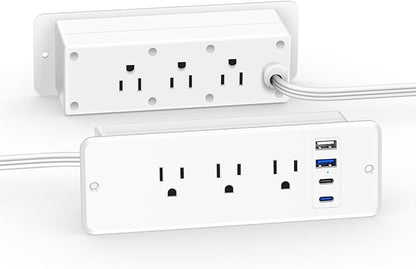 CCCEI 6 Outlets Dual Side Recessed Power Strip with 45W USB C Port, Furniture Flush Mount, Under Desk, Desk Top Multiple Outlet, Hidden Charging Station for Conference Table, Nightstand, White. 10FT.