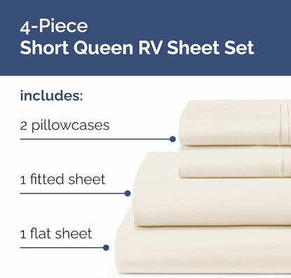 RV Short Queen Sheet Set 60 X 75 - 4 Piece RV Short Queen Bed Sheets - Soft, Breathable & Cooling - Designed for Bunks, Trailers & Campers - Fits 8” to 12" Mattress - Hotel Luxury Bedding - Off White