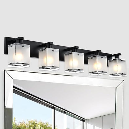 WINSHEN 5-Lights Bathroom Light Fixtures, Matte Black Modern Vanity Lights with Rectangular Frosted Glass for Over Mirror Dressing Table, E26 Bulb Base