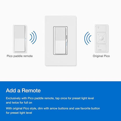 Lutron Diva Smart Dimmer Light Switch for Caseta Lighting (Lutron Smart Hub Required), for LED Lights, 150W, Single-Pole/3-Way, No Neutral, Ivory (DVRF-6L-IV)