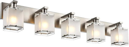 WINSHEN 5-Lights Bathroom Vanity Light Fixtures, Modern Brushed Nickel Wall Sconce Lighting with Rectangular Frosted Glass Shades, E26 Bulb Base
