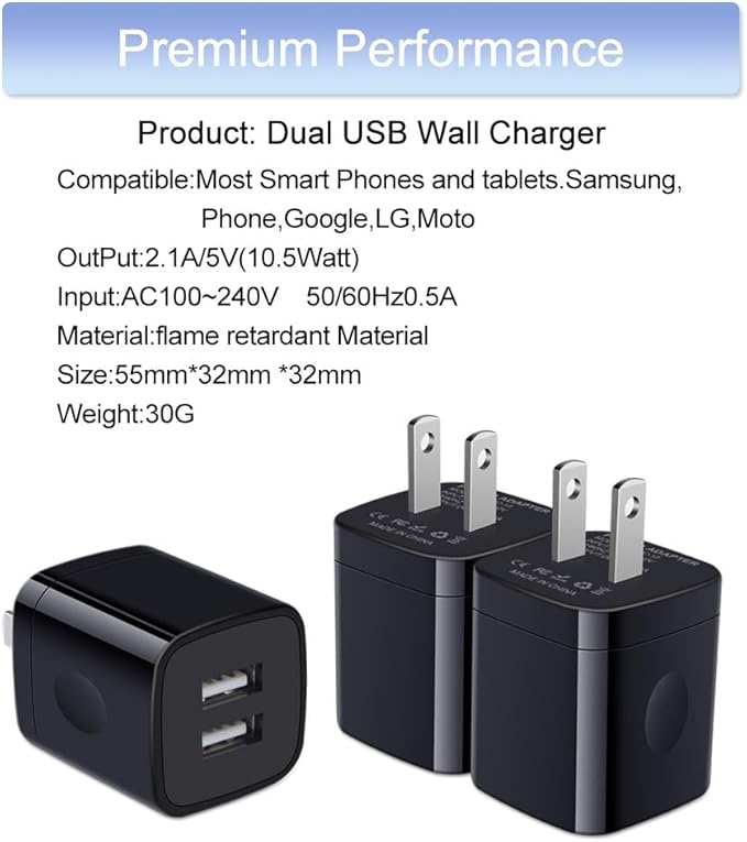 USB Wall Charger Box, 3Pack 2.1A Dual USB Charging Block Brick Cube Power Adapter for Phone 16/15/14/13/12 Pro Max/SE/8, Samsung S25 A15 5G A35 A14 S24 S23 S22 S21 FE/Ultra, Google Pixel 8a, LG, Moto