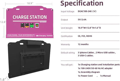 Wall Mounted Cell Phone Charging Station Mobile Phone Charging Station | Fast Charging 8 Device | Compatible with iPhone ipad Smartphone Tablets Port | Great for Offices Hotel Hospital Airport (Rose)