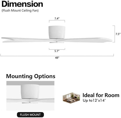 WINGBO 48" Flush Mount DC Ceiling Fans Without Lights, 5 Carved Solid Wood Blades, 6-Speed Reversible DC Motor, Low Profile Hugger Ceiling Fan No Lights for Living Room Bedroom Patio, Gloss White