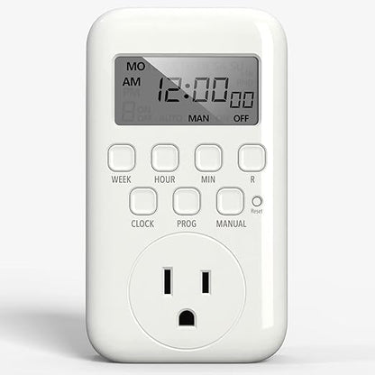 BN-LINK Indoor Digital Timer Outlet, Single Outlet 7 Day Programmable Light Switch, 3 Prong Plug in Timers for Electrical Outlets, Lamps, Fans, 8 On/Off Programs, 1 Pack, 15A/1875W, ETL Listed
