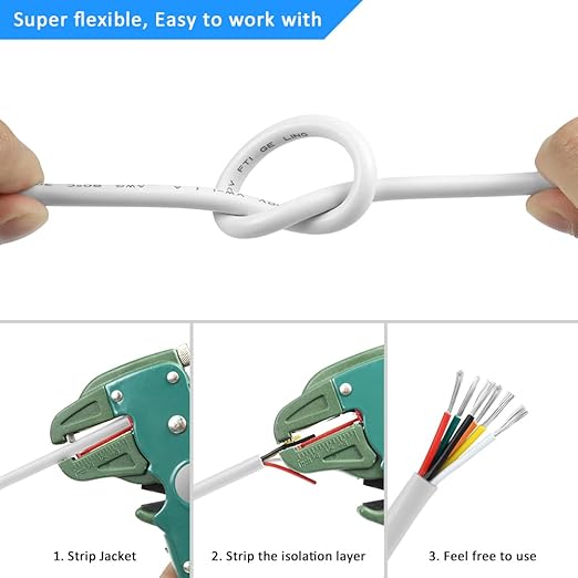 16 Gauge 6 Conductor Electrical Wire, 32.8FT White Stranded Low Voltage 16/6 Cable PVC Case, 16 AWG Tinned Copper 6 Wire Extension Power Cable for LED Lamp Lighting, Automotive