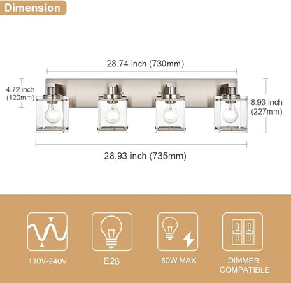WINSHEN 4-Lights Bathroom Vanity Light Fixtures in Brushed Nickel, E26 Socket Wall Sconce Lighting Fixtures with Clear Glass Shades for Over Mirror Bedroom Living Room Cabinet