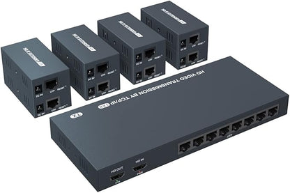 150m HDMI Splitter Extender 1x8 Transmit Remote 1080P Audio Video Over Cat5e/6 Ethernet Mirror 8 Screens Support Loopout Remote 1 in 8 Out for TV