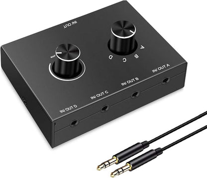 4 Port Audio Switch, 3.5mm Stereo AUX Selector, 4 Input 1 Output / 1 Input 4 Output Splitter, Switcher Box With 4 Channel Switch Knob, No External Power Required