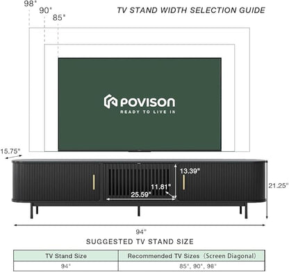 POVISON Sliding Tambour Door TV Stand with LED Lights, Mid Century Modern TV Console, Wood Media Console, Entertainment Center with Storage Cabinet, Fully-Assembled (Black, 94.49")