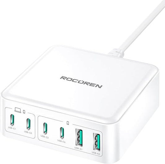 270W USB C Charger Block, Rocoren 6 Port Multi USB-C Charging Station,100W PD Fast USBC Gan Charger Station Hub Dock for Multiple Devices, Laptop Type C for MacBook/iPhone 17/iPad/Galaxy S25 (White)