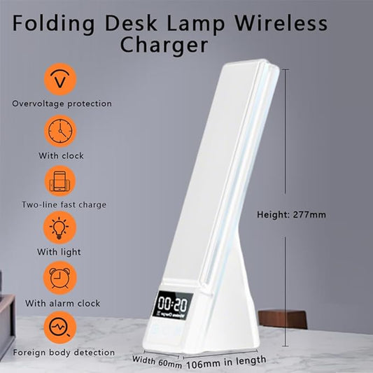 IHAO 6in1 Multifunctional Foldable LED Desk Lamp with Wireless Charger Digital Alarm Clock Eye-Care Lighting 3 Color Modes 15W Qi Charger for Phone/Headphones Compatible with iWatch Charger-N61 White