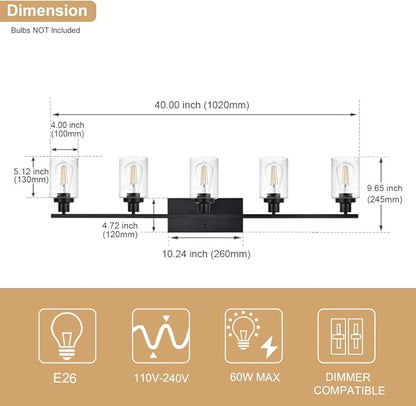 WINSHEN 40 Inches Length Black Bathroom Lighting Fixtures, 5-Light Modern Industrial Wall Sconce Vanity Light Fixture with Seeded Glass for Bedroom Over Mirror