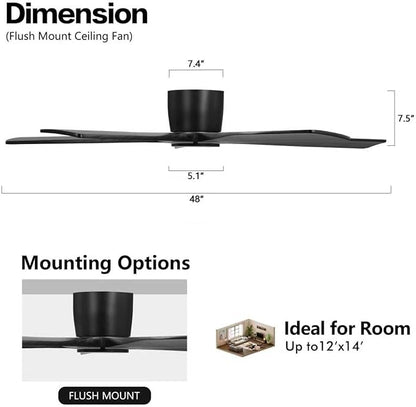 WINGBO 48" Flush Mount DC Ceiling Fans Without Lights, 5 Carved Solid Wood Blades, 6-Speed Reversible DC Motor, Low Profile Hugger Ceiling Fan No Lights for Living Room Bedroom Patio, Matte Black