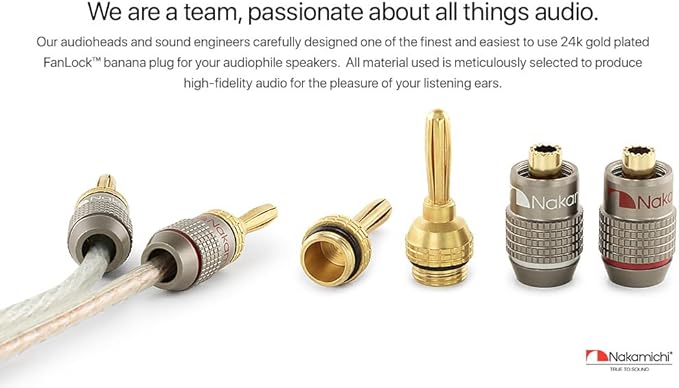 Nakamichi FanLock Excel Series 24k Gold Plated Banana Plugs 10 AWG - 18 AWG Gauge Size 4mm for Speakers Amplifier Hi-Fi Stereo Home Theatre Radio Audio Wire Cable Quick Connector, 4 Pcs (2-Pairs)