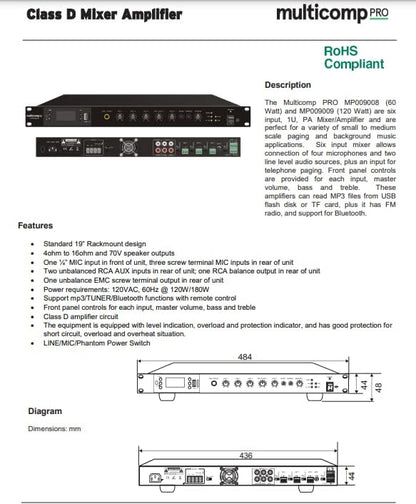 Class D Amplifier Mixer, 6 Input, 120W, 8 Ohm and 70V