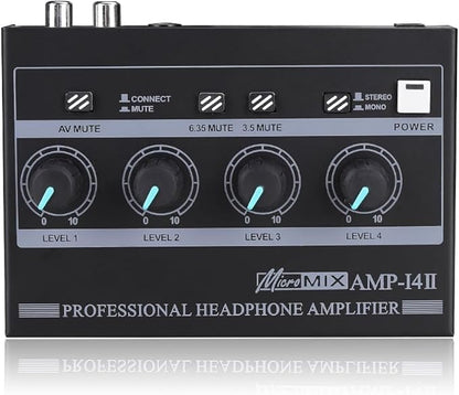 Riworal Headphone Amplifier 4 Channel Audio Amplifier Portable Splitter with 1/4"& 1/8" TRS Output Input for Dj Mixer Or Monitor Headphone for Stereo/Mono