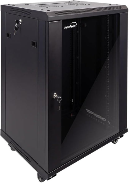NavePoint 15U Server Cabinet Wall Mount Rack Enclosure with Caster Wheels, Includes 2 Fans, Locking Glass Door, Removable Side Panels – 15U Network Cabinet 17.7” Deep, 19”Server Rack for IT Equipment