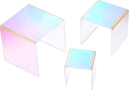 Chuangdi 2 Sets Acrylic Display Risers, Product Stand, Jewelry Display Riser Shelf Showcase Fixtures for Dessert Cupcake Candy Figure Treat Action Showcase(Rainbow Color,Medium Set)